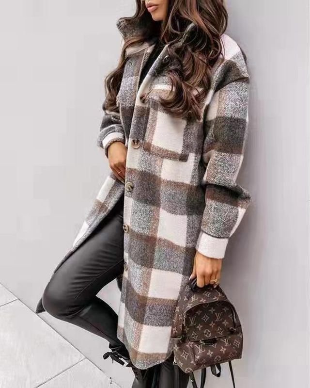 Women's Casual Plaid Button Single Breasted Coat Woolen Coat