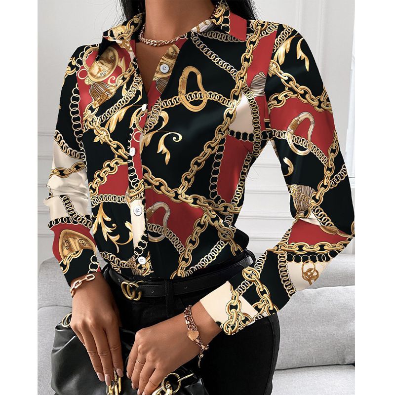 Women's Blouse Long Sleeve Blouses Printing Button Casual Geometric