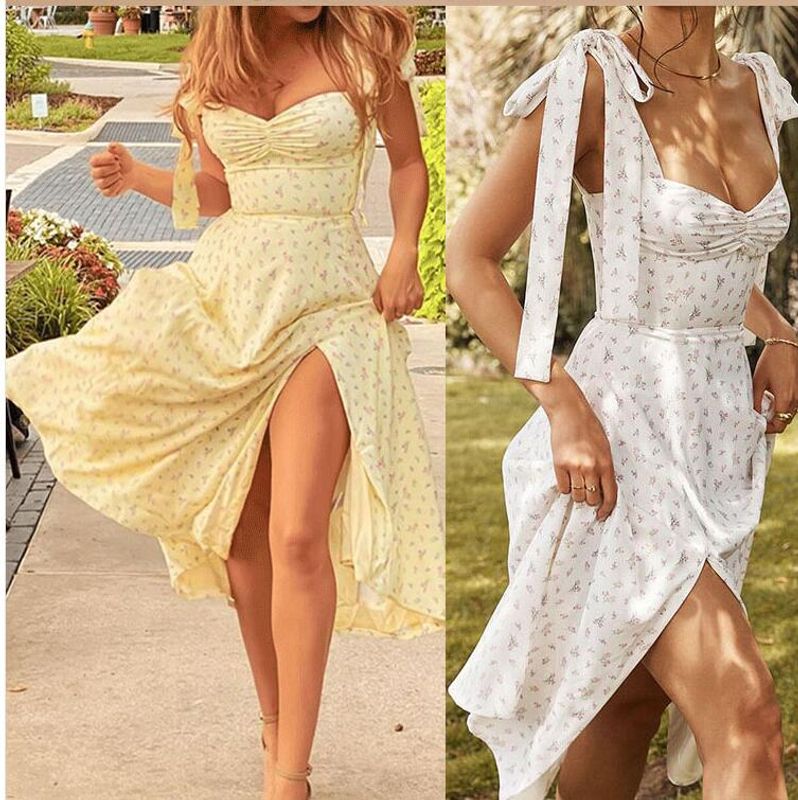 Femmes Robe Régulière Élégant Style Simple Col Carré Dos Nu Sans Manches Petites Fleurs Robe Mi-longue Du Quotidien Plage