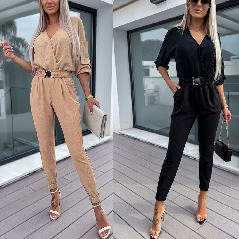 Women's Daily Casual Solid Color Full Length Patchwork Belt Casual Pants Jumpsuits