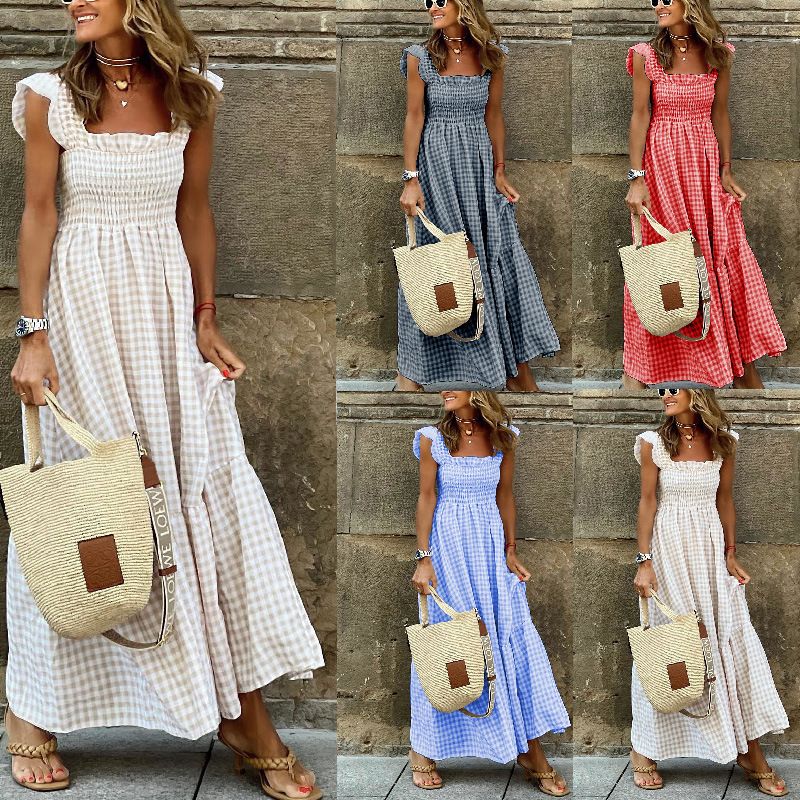 Women's A-line Skirt Regular Dress Bodycon Dress Simple Style Classic Style U Neck Boat Neck Ruffles Ruffle Hem Ruched Sleeveless Gingham Simple Solid Color Maxi Long Dress Casual Outdoor Daily