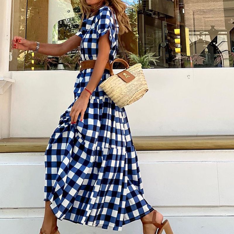 Frau Rock In A-linie Einfacher Stil Britischer Stil Stehkragen Drucken Kurzarm Plaid Midi-kleid Straße