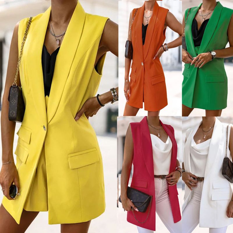 Women's Blazer Sleeveless Blazers Pocket Button Business Simple Style Solid Color