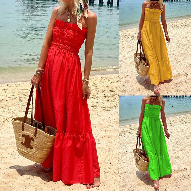 Women's A-line Skirt Tropical Strapless Backless Sleeveless Solid Color Maxi Long Dress Travel Beach