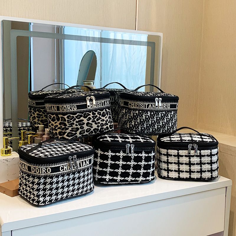 Streetwear Houndstooth Leopard Checkered Canvas Polyester Square Makeup Bags