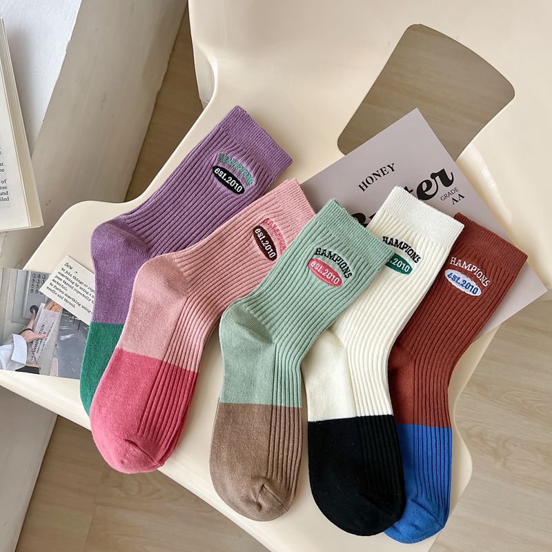 Women's Japanese Style Letter Color Block Cotton Crew Socks A Pair