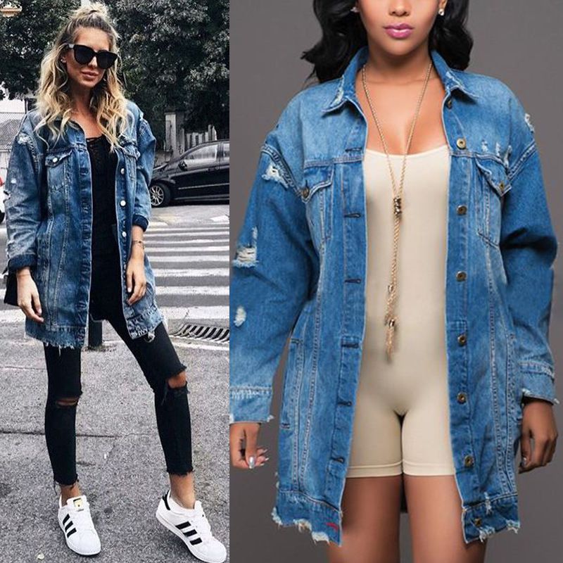 Women's Fashion Solid Color Ripped Single Breasted Coat Denim Jacket