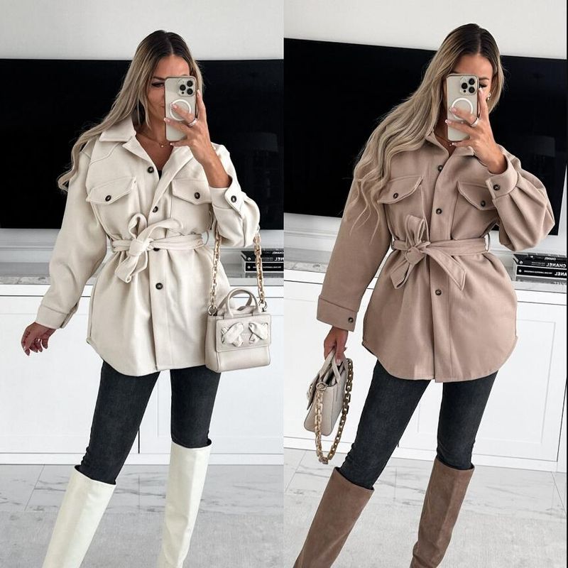 Women's Casual British Style Solid Color Single Breasted Coat Woolen Coat