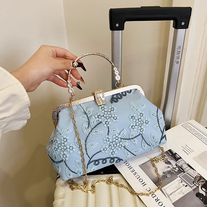 Women's Nylon Flower Elegant Clipped Button Dome Bag
