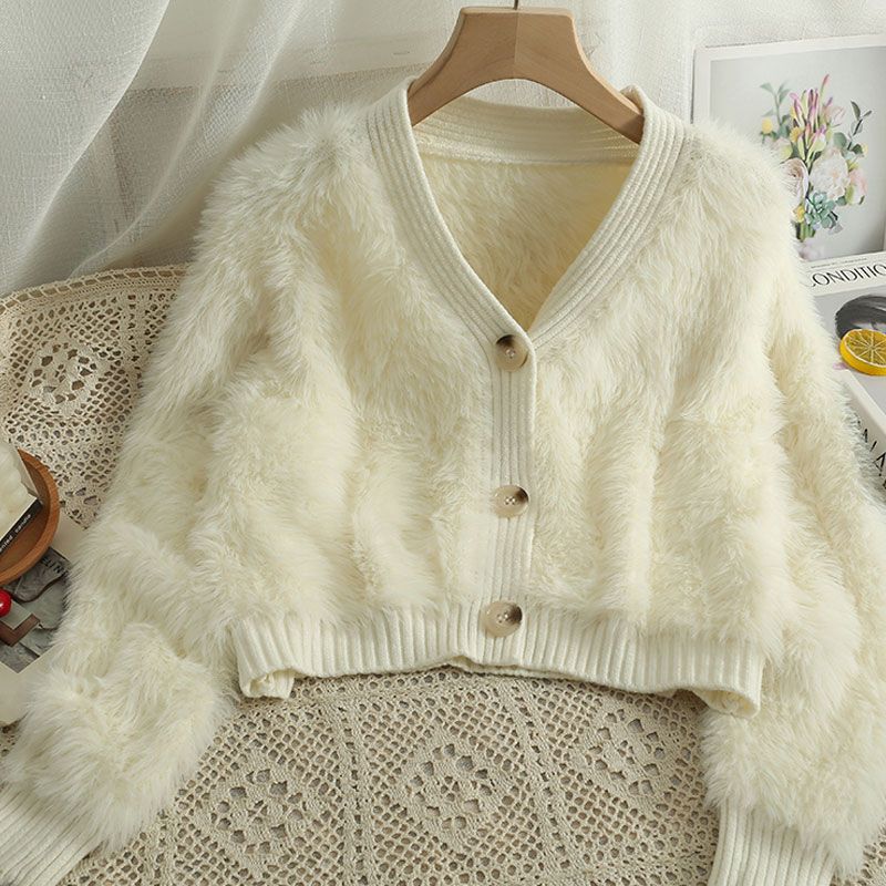 Casual Solid Color Plush V Neck Long Sleeve Regular Sleeve Button Coat