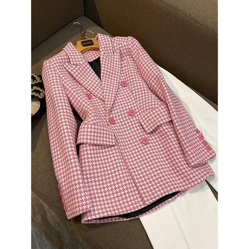 Women's Fashion Houndstooth Double Breasted Coat Woolen Coat