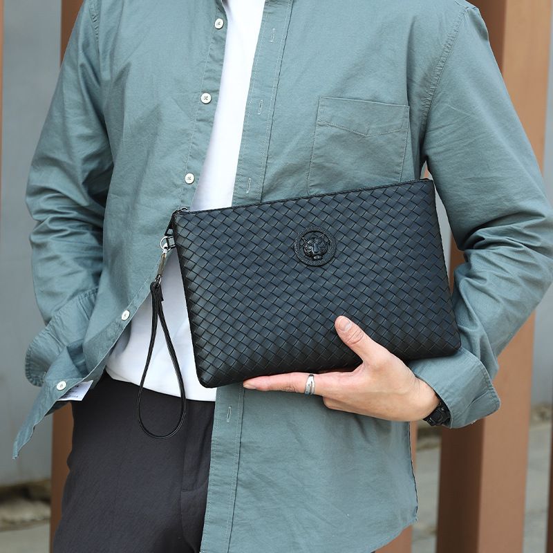 Men's Solid Color Pu Leather Zipper Clutch Bag