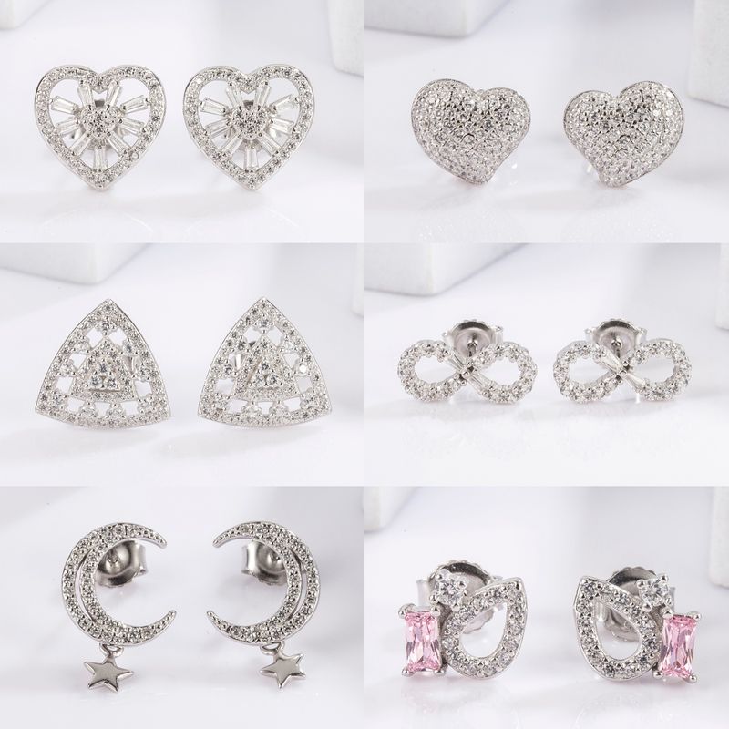 1 Pair Elegant Glam Luxurious Triangle Moon Heart Shape Plating Inlay Sterling Silver Zircon White Gold Plated Ear Studs