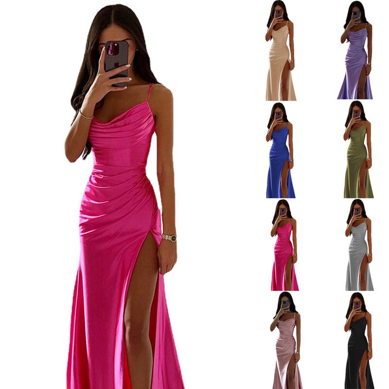 Women's Strap Dress Elegant V Neck Patchwork Sleeveless Solid Color Maxi Long Dress Street