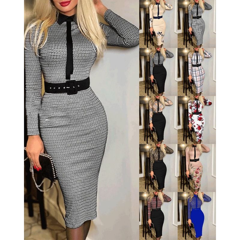 Women's Bodycon Dress Vintage Style Round Neck Printing Long Sleeve Color Block Midi Dress Holiday Daily
