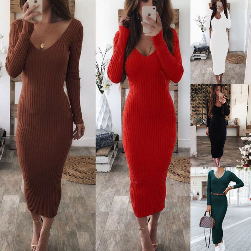 Women's Regular Dress Classic Style V Neck Long Sleeve Solid Color Midi Dress Street