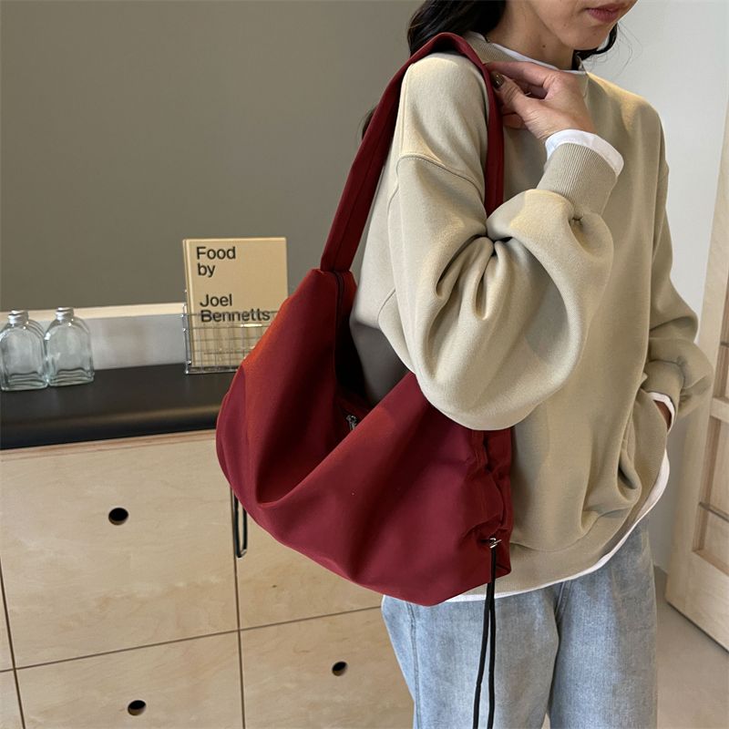 Women's Cloth Solid Color Preppy Style Sewing Thread Zipper Shoulder Bag