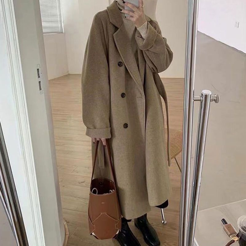 Women's Casual Vintage Style Solid Color Button Double Breasted Coat Woolen Coat
