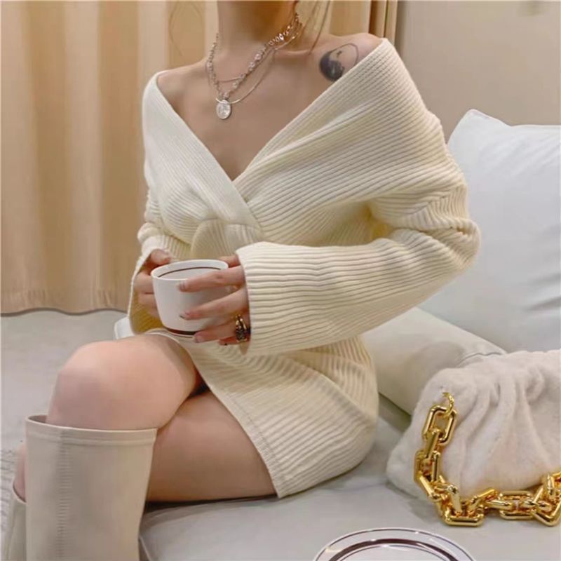 Women's Sweater Dress Casual Sexy V Neck Long Sleeve Solid Color Short Mini Dress Daily