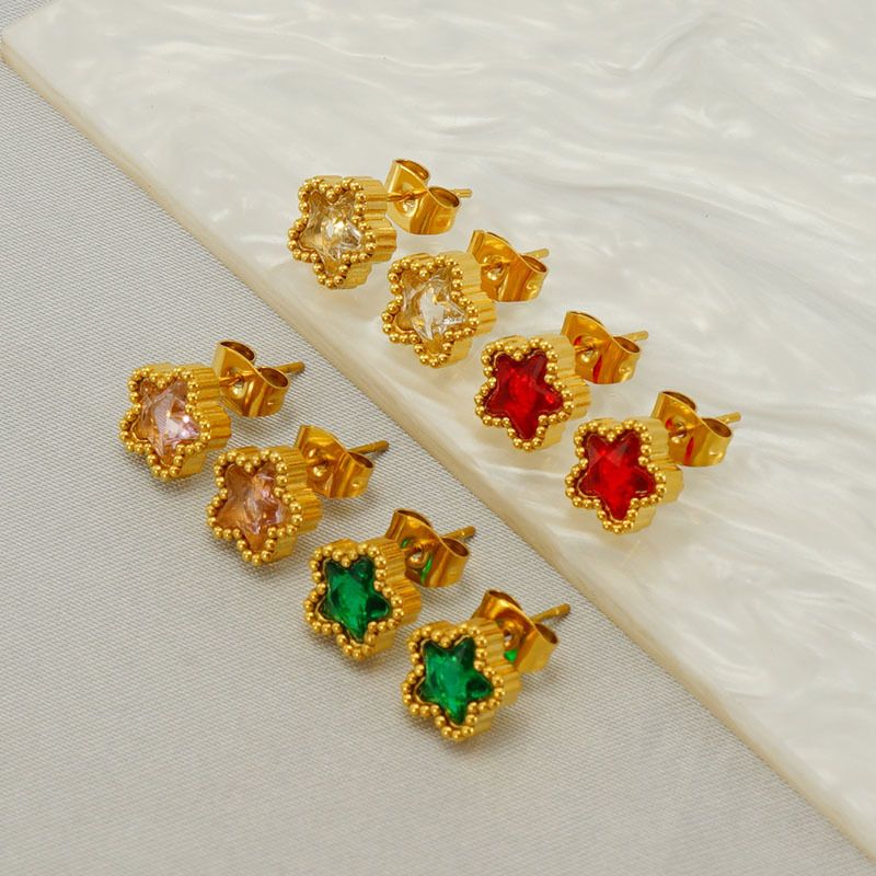 1 Pair Simple Style Flower Inlay Stainless Steel Zircon 18K Gold Plated Ear Studs