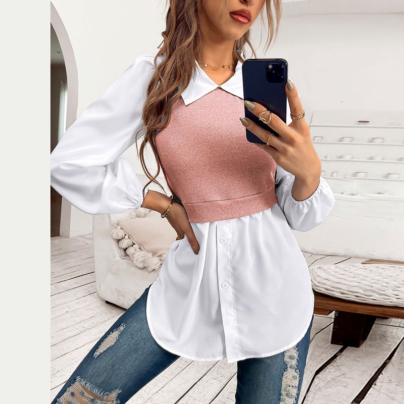 Frau Bluse Lange Ärmel Blusen 2 In 1 Taste Einfacher Stil Farbblock