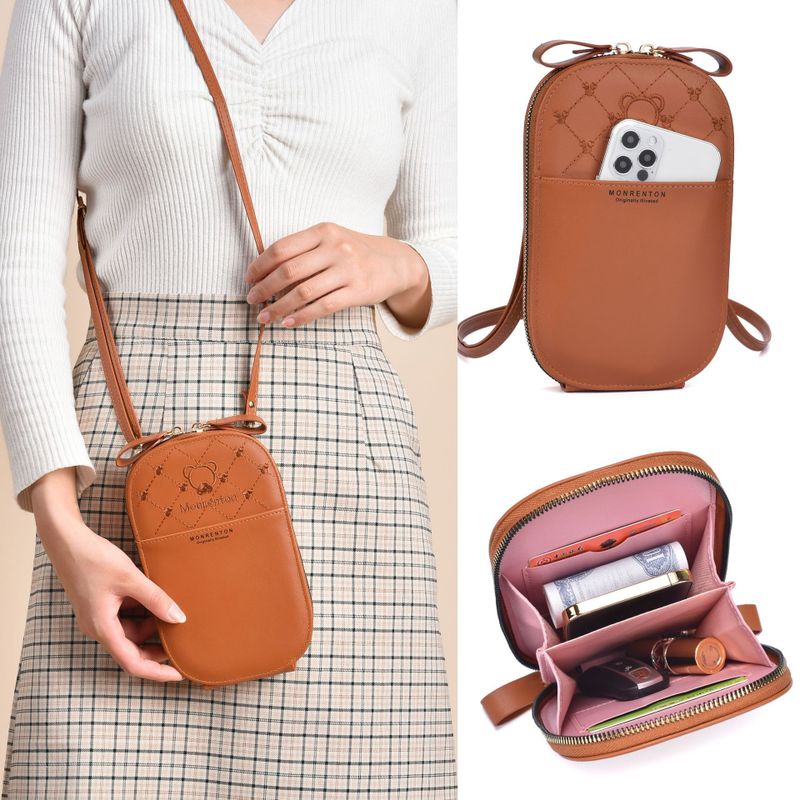 Women's Pu Leather Stripe Bear Cute Oval Zipper Crossbody Bag