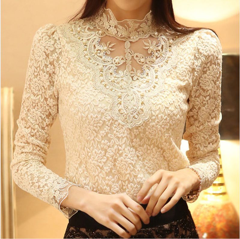 Women's Blouse Long Sleeve Blouses Lace Transparent Elegant Basic Classic Style Simple Solid Color