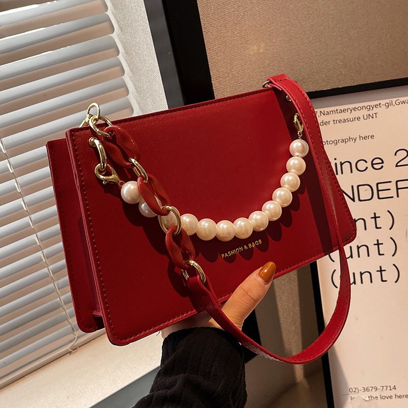 Women's Small Pu Leather Solid Color Elegant Pearls Zipper Shoulder Bag