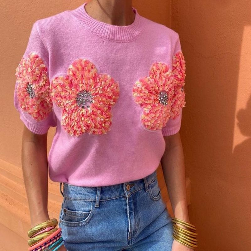 Frau T-Shirt Kurzarm Pullover & Strickjacken Kontrastbindung Ferien Blume