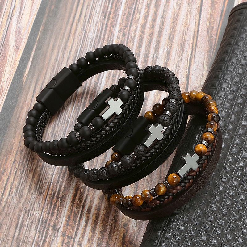 Casual Retro Cross Alloy Natural Stone Haematite Beaded Plating Men's Bracelets