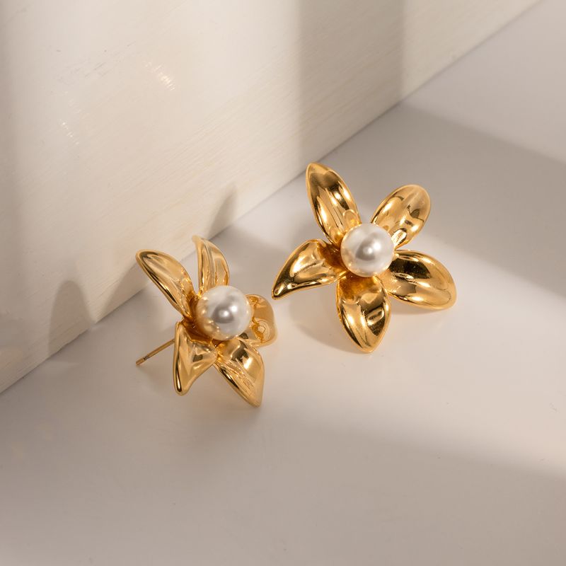 1 Pair IG Style Simple Style Flower Inlay 304 Stainless Steel Pearl 18K Gold Plated Ear Studs