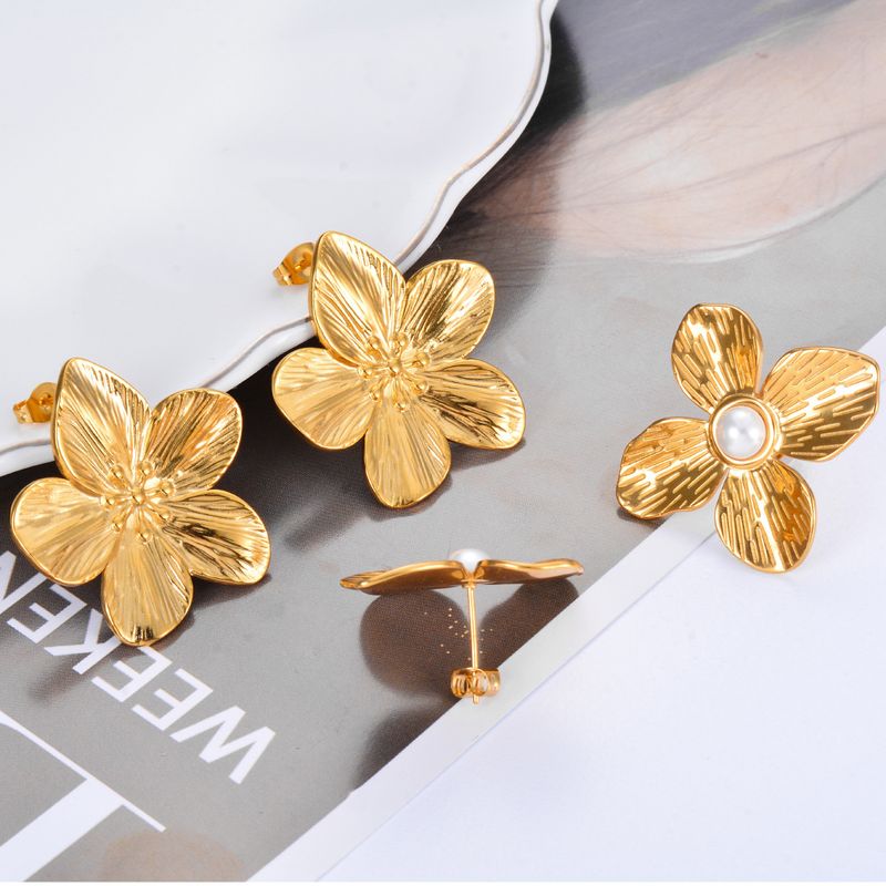 1 Pair Glam Retro Flower Plating Inlay Stainless Steel Artificial Pearls Ear Studs