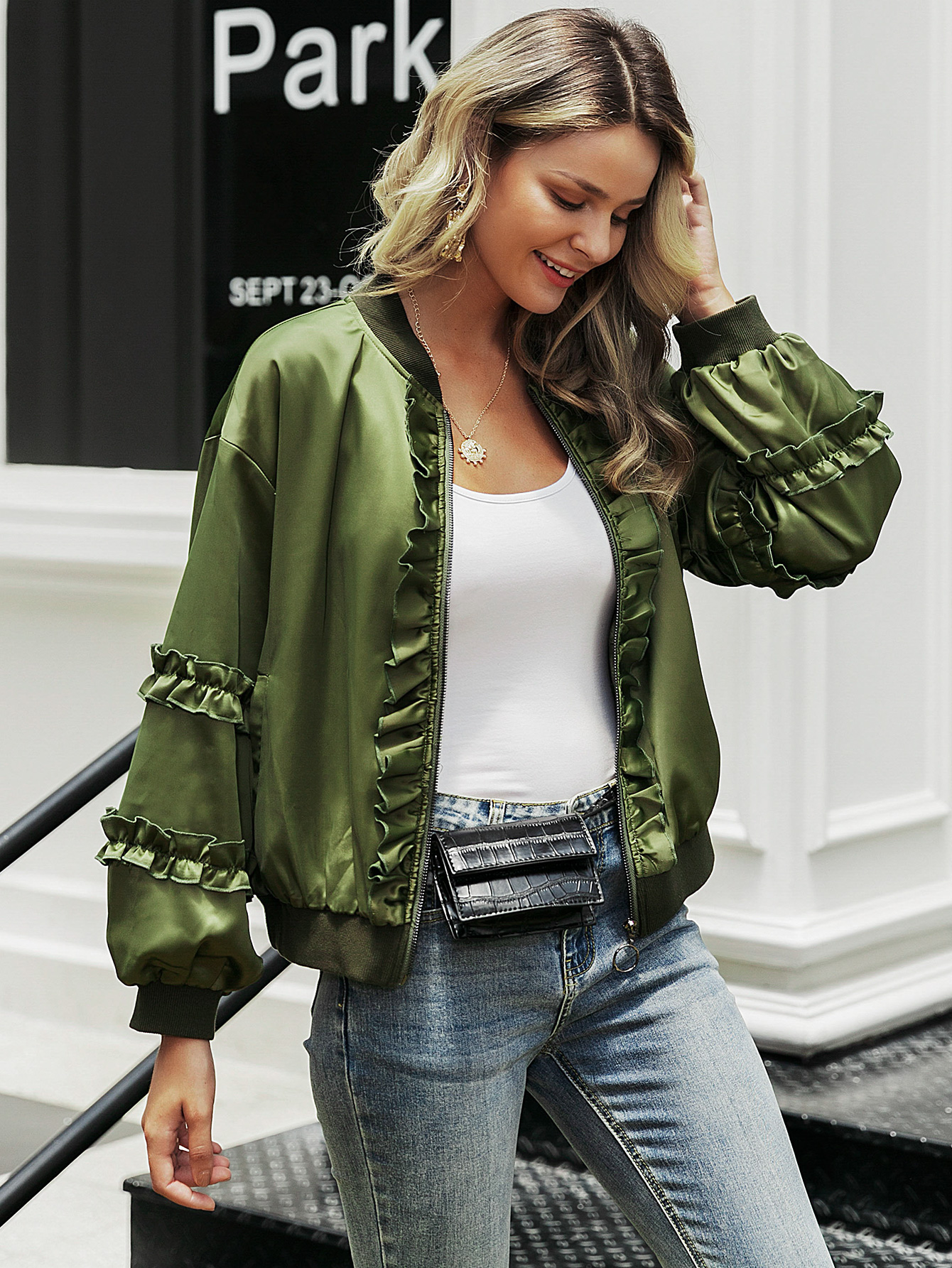 Fashion Army Green Satin Coat Wholesale Women&#39;s Clothes display picture 5