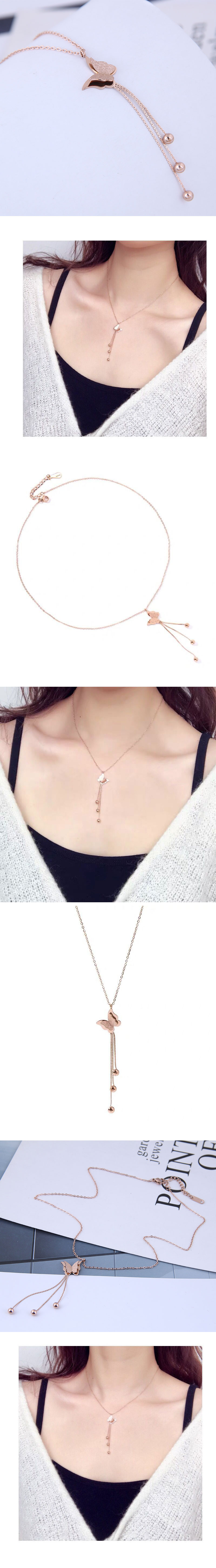 Exquisite Korean Fashion Titanium Steel Temperament Necklace Simple Butterfly Tassel Necklace display picture 1