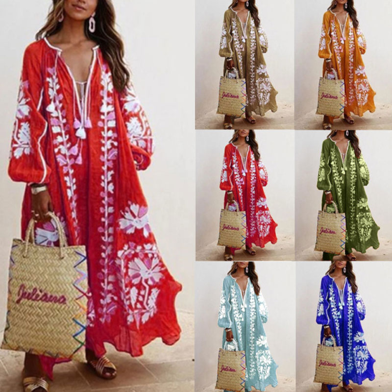 Sundress Ethnic Style Bohemian Beach Long Sleeve Printing Maxi Long Dress display picture 1