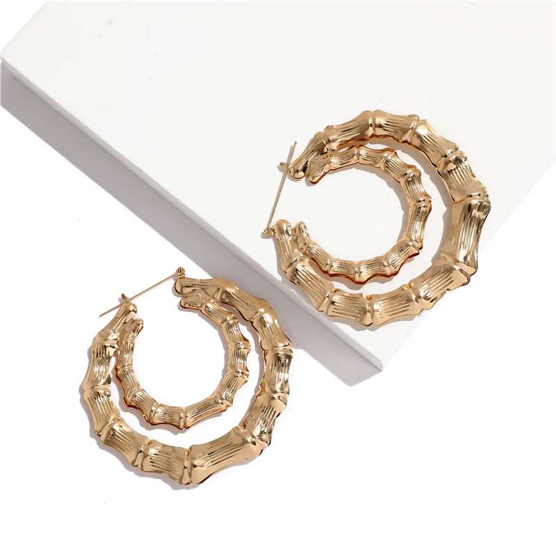 Large Bamboo-shaped Exaggerated Golden Circle Punk Hip-hop Earrings display picture 2