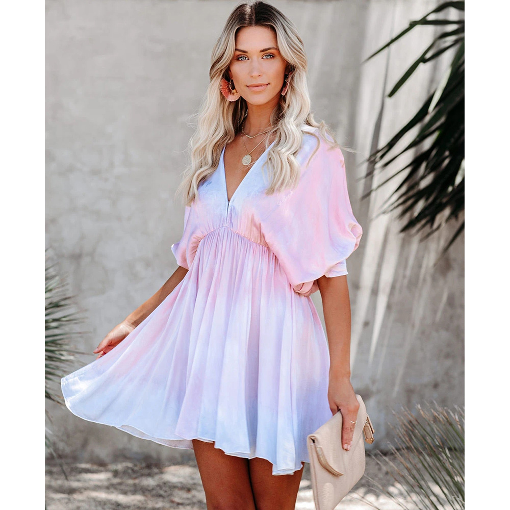 New Tie-dye Deep V Big Swing Bat Sleeve Dress display picture 7