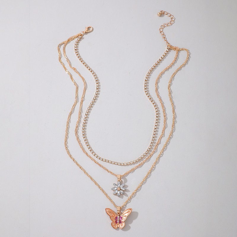 Bohemia Diamond Flower Butterfly Three Layer Necklace Daisy Claw Diamond Necklace display picture 3
