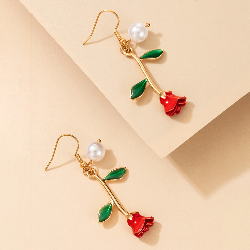 Pendientes De Perlas Exquisitos Flor Roja Retro display picture 2