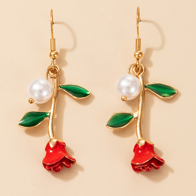 Retro Red Flower Exquisite Pearl Earrings display picture 4