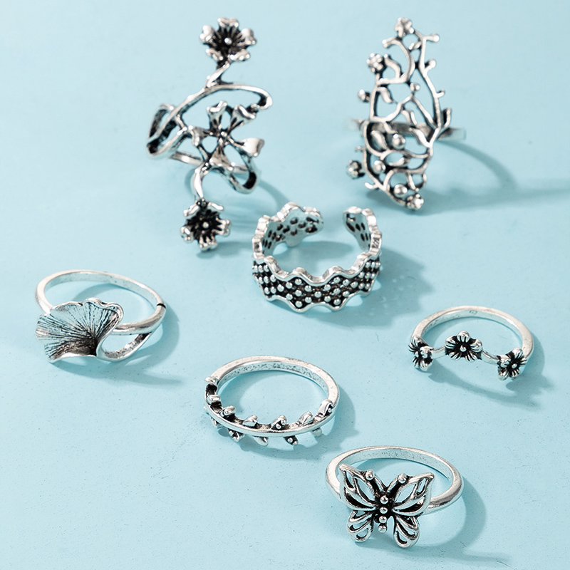 Creative Fashion Retro Alloy Hollow Flower Butterfly Joint Ring 7-piece Ring display picture 3
