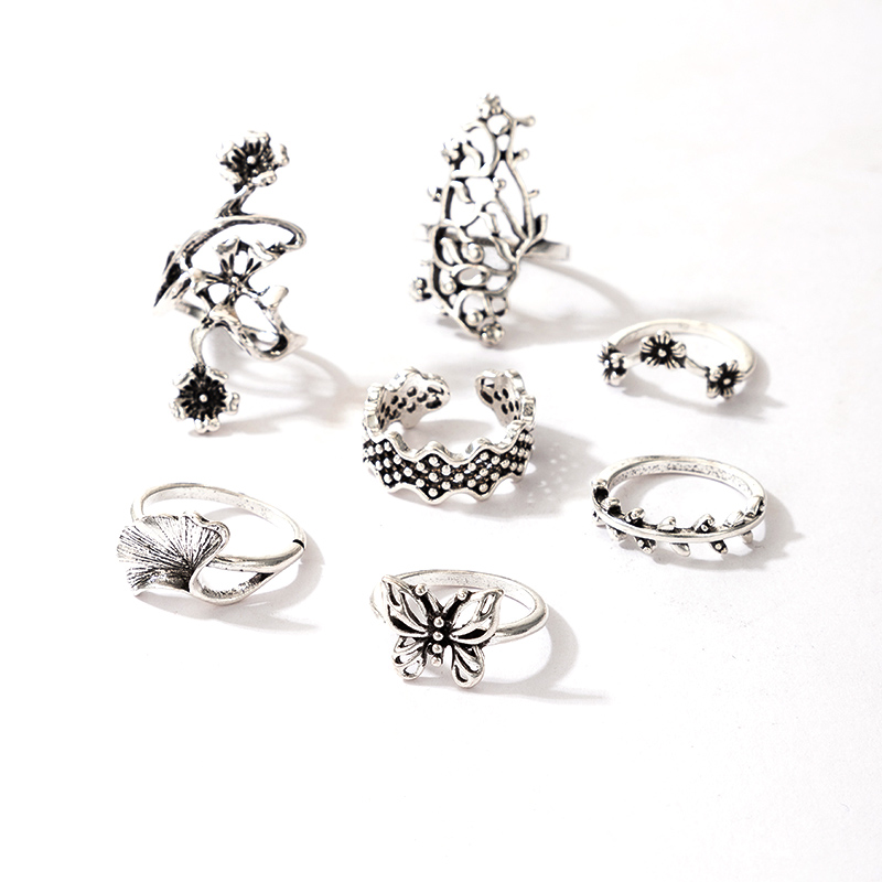 Creative Fashion Retro Alloy Hollow Flower Butterfly Joint Ring 7-piece Ring display picture 6