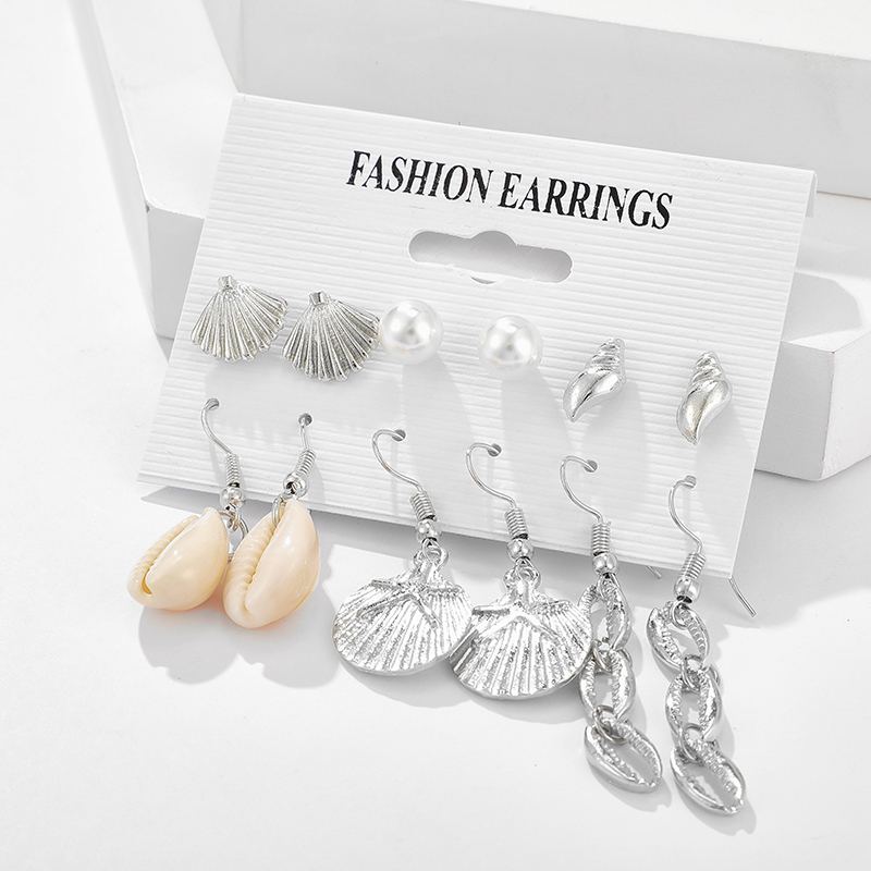 Retro Ocean Beach Style Silver Shell Conch Pearl Scallop Earring Set display picture 1