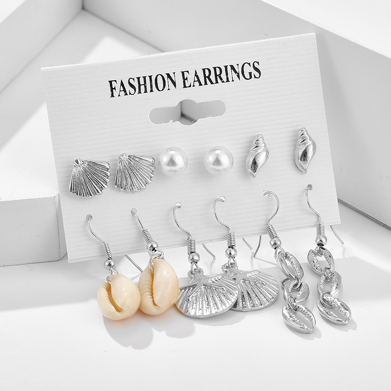Retro Ocean Beach Style Silver Shell Conch Pearl Scallop Earring Set display picture 2
