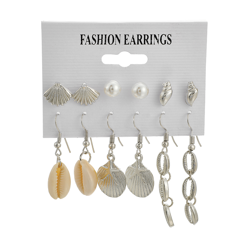 Retro Ocean Beach Style Silver Shell Conch Pearl Scallop Earring Set display picture 5
