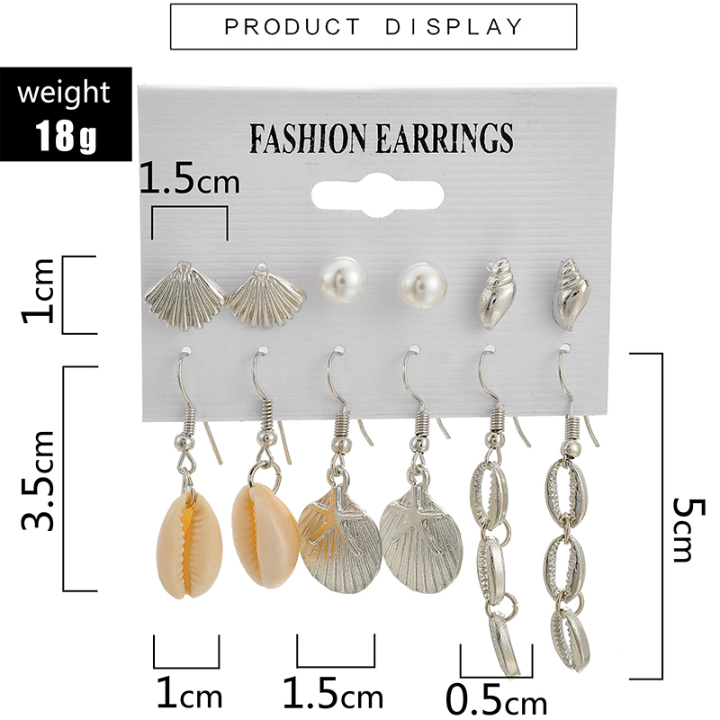 Retro Ocean Beach Style Silver Shell Conch Pearl Scallop Earring Set display picture 6