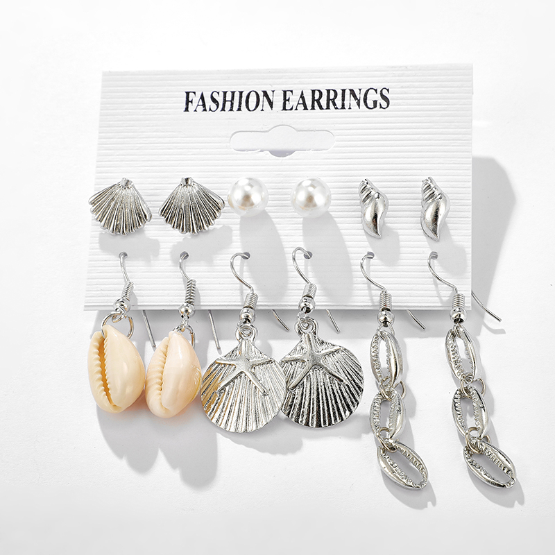 Retro Ocean Beach Style Silver Shell Conch Pearl Scallop Earring Set display picture 7