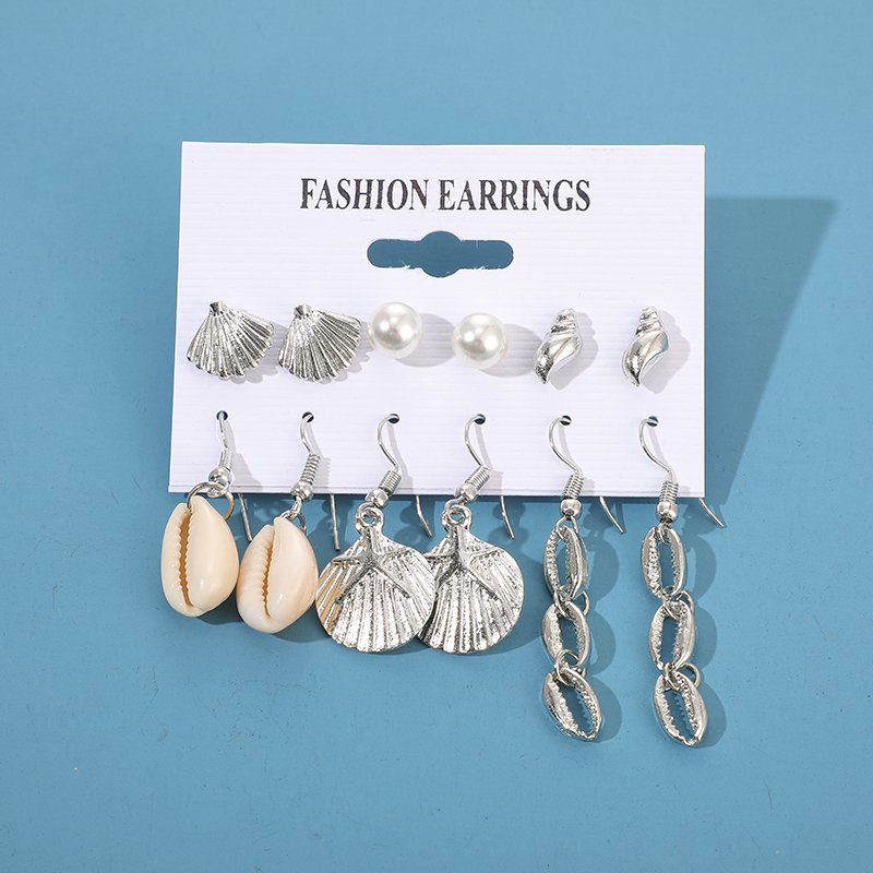 Retro Ocean Beach Style Silver Shell Conch Pearl Scallop Earring Set display picture 8