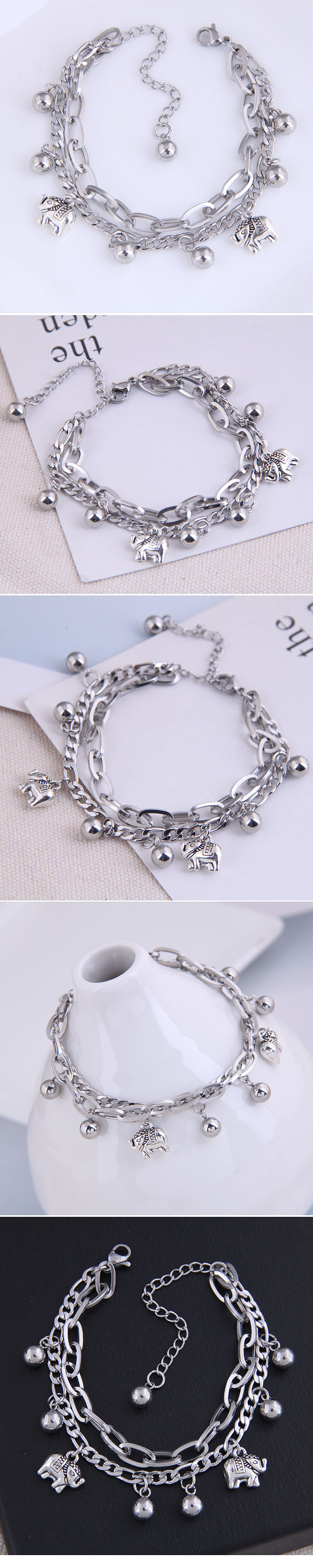 Hip-hop Stainless Steel Bead Baby Elephant Double-layer Bracelet display picture 1