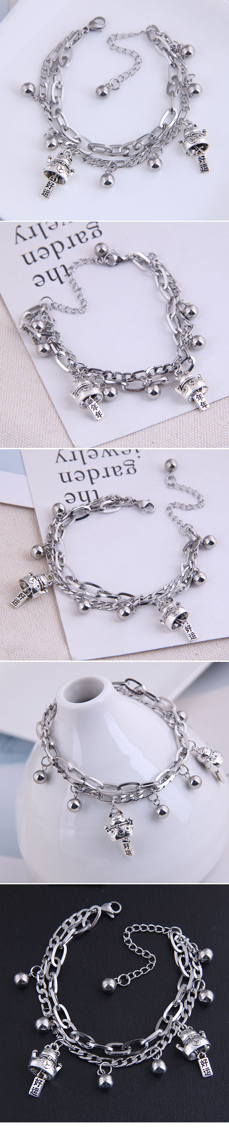 Simple Stainless Steel Beads Lucky Cat Double-layer Bracelet display picture 1
